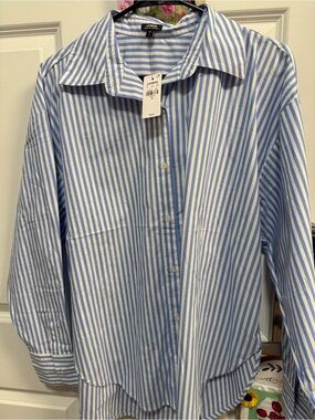 Express Blue and White Striped Women's Button-Up Shirt Jacket